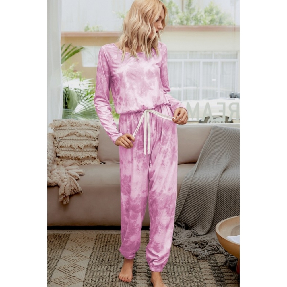 Pink and White Tie Dye Keyhole Tie Waist Jumpsuit